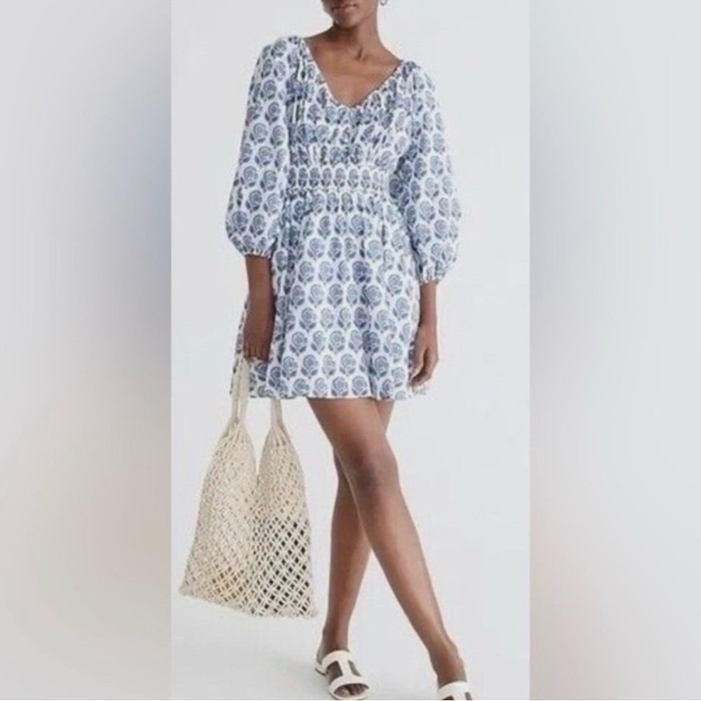 J Crew Blue and White Smocked-Waist Mini Dress